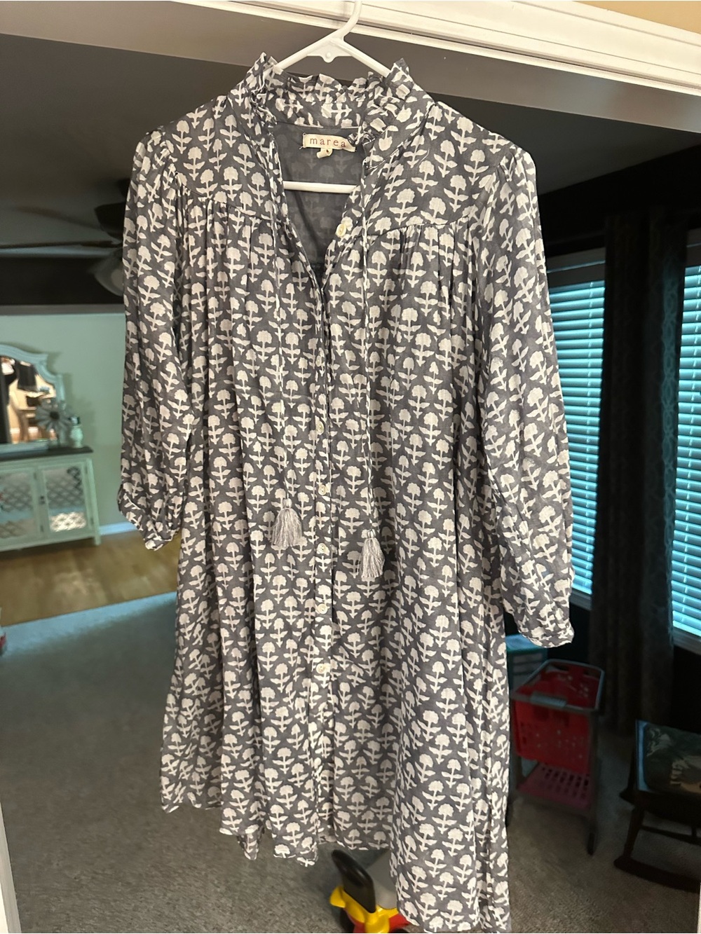 Marea Gray and White Mini Dress with Tassel Tie